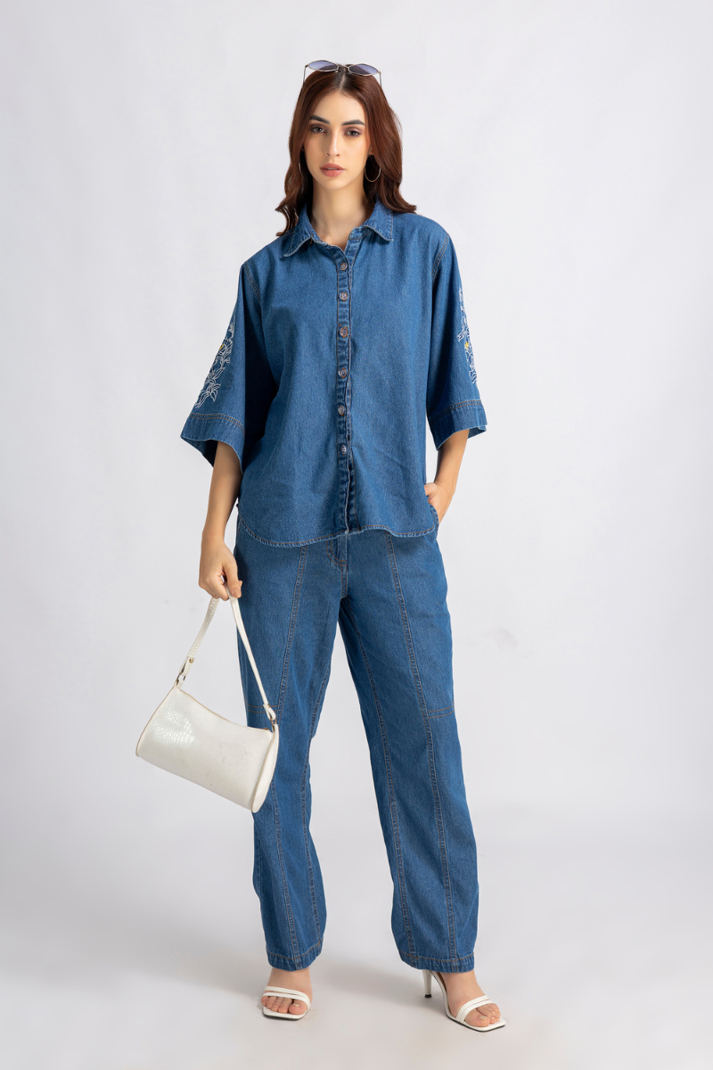 Blue Denim Embroidered Shirt and Pants Co-ord Set