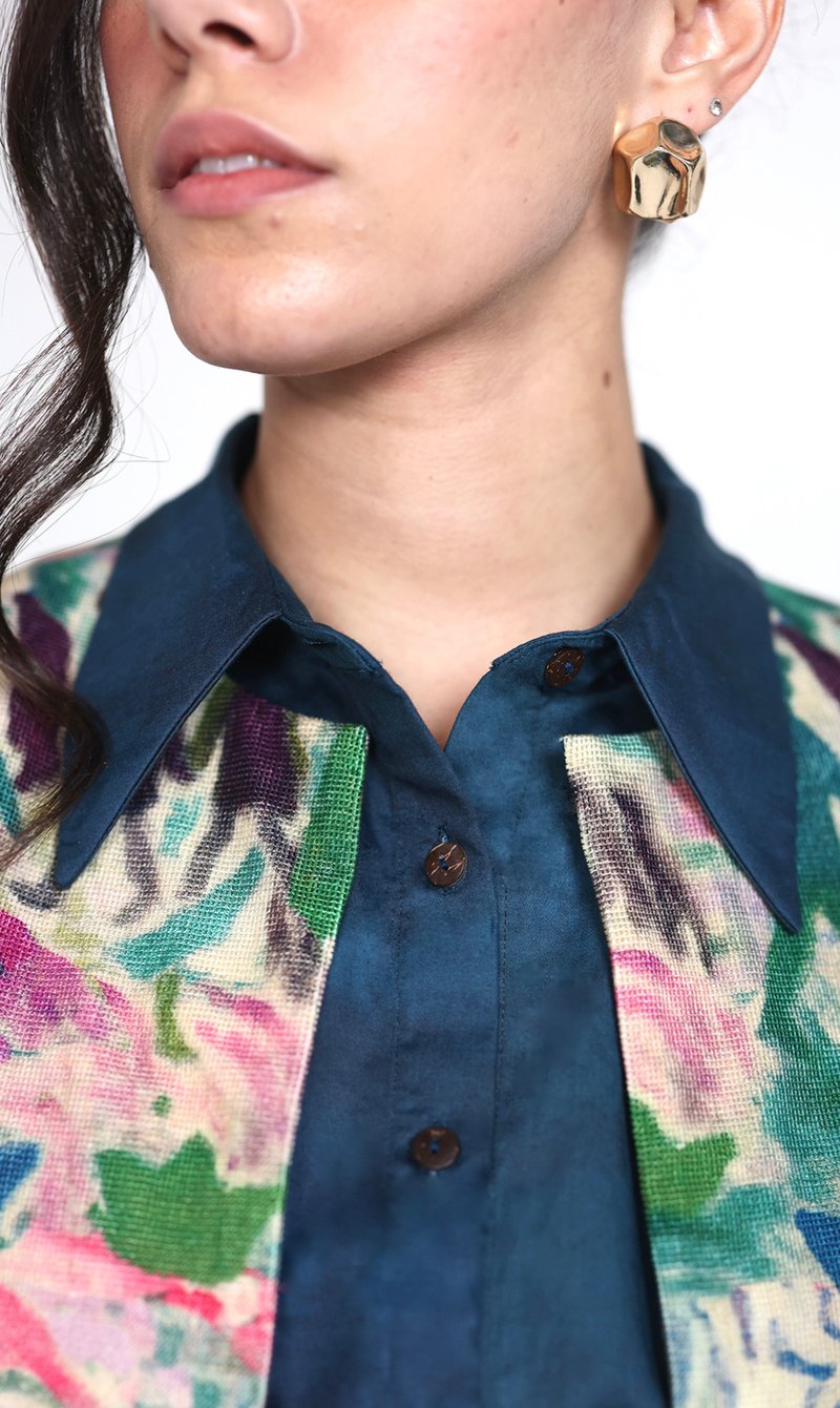 Multicolor Printed Sleeveless Corduroy Vest Overlay