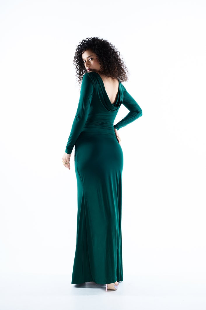 Green Lycra Bodycon Maxi Dress with Ruched Knot and Slit