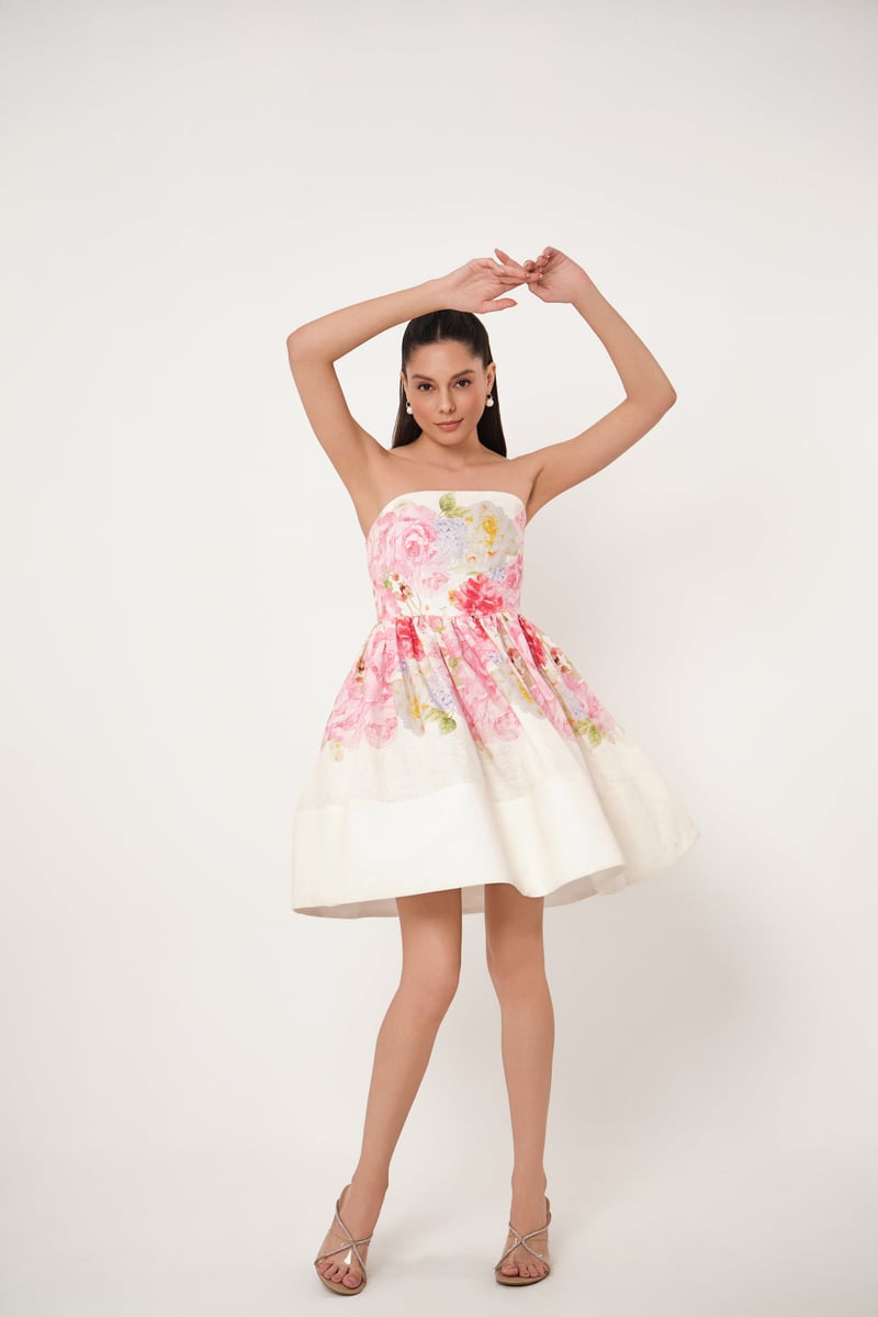 Apricot Floral Linen Strapless Fit and Flare Dress