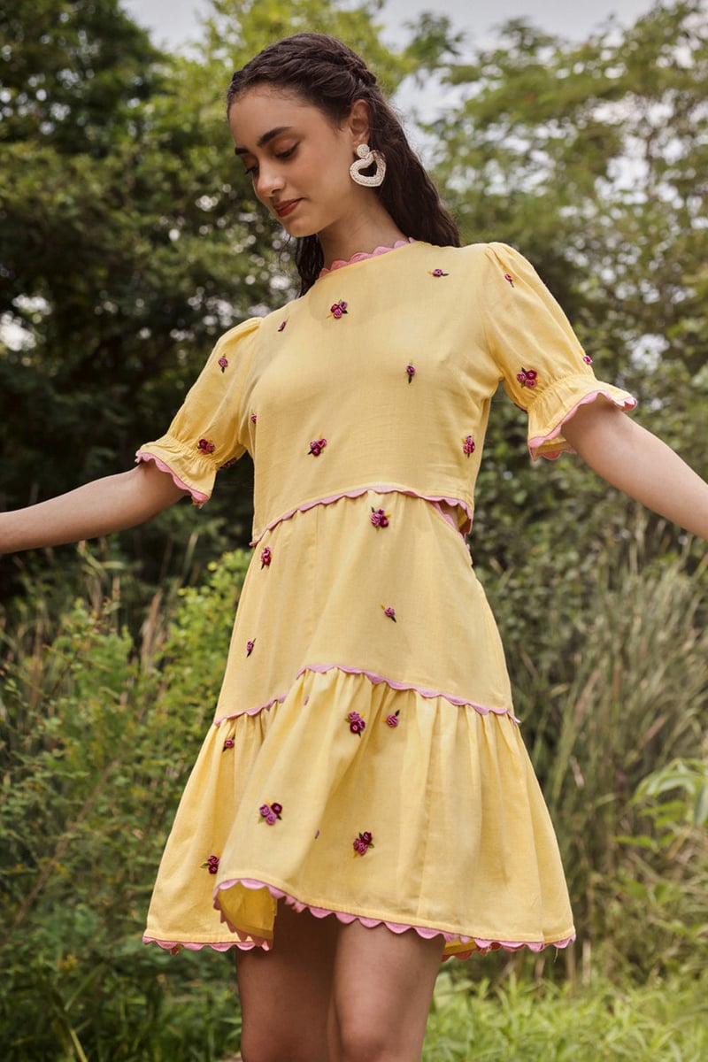 Buttercup Yellow Tiered Mini Dress with Floral Embroidery — BOHO-CHIC