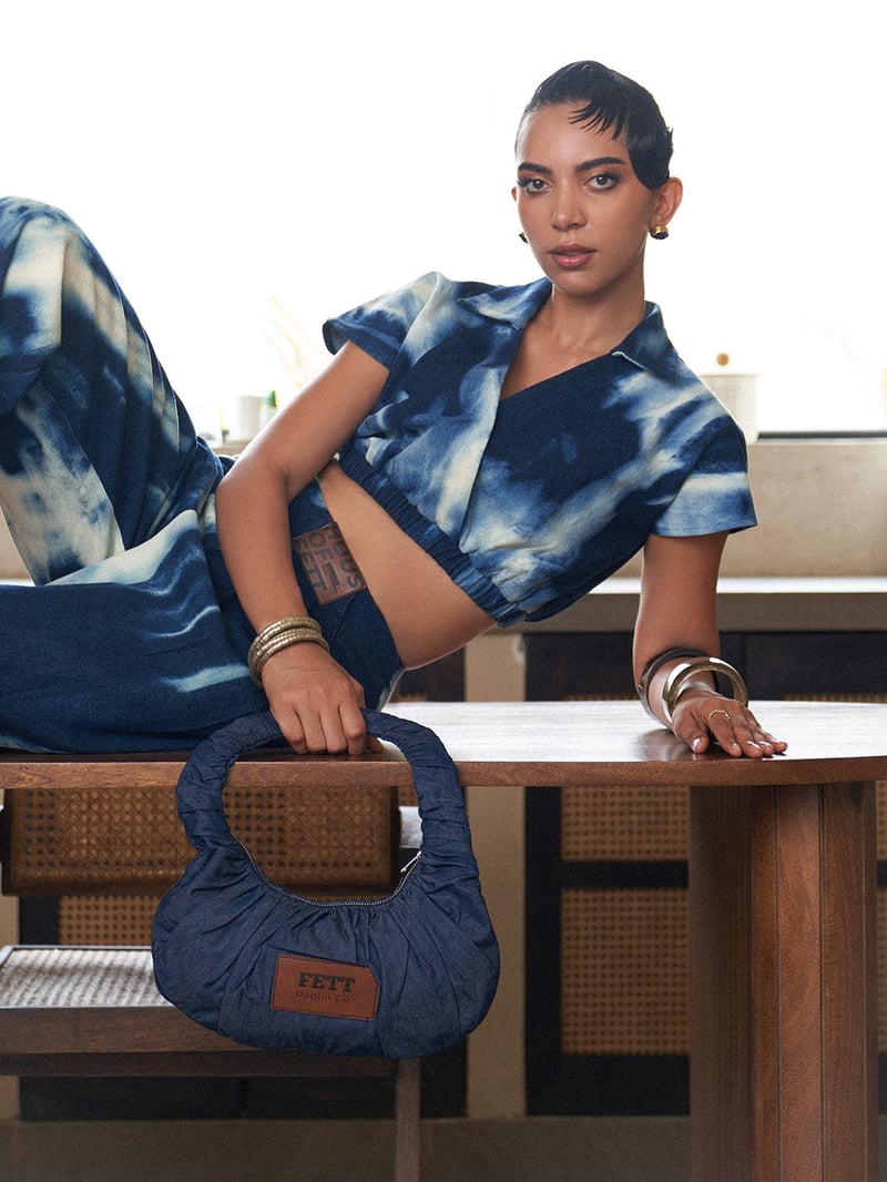 Indigo Tie-Dye Denim Co-ord Set with Crop Top and Pants