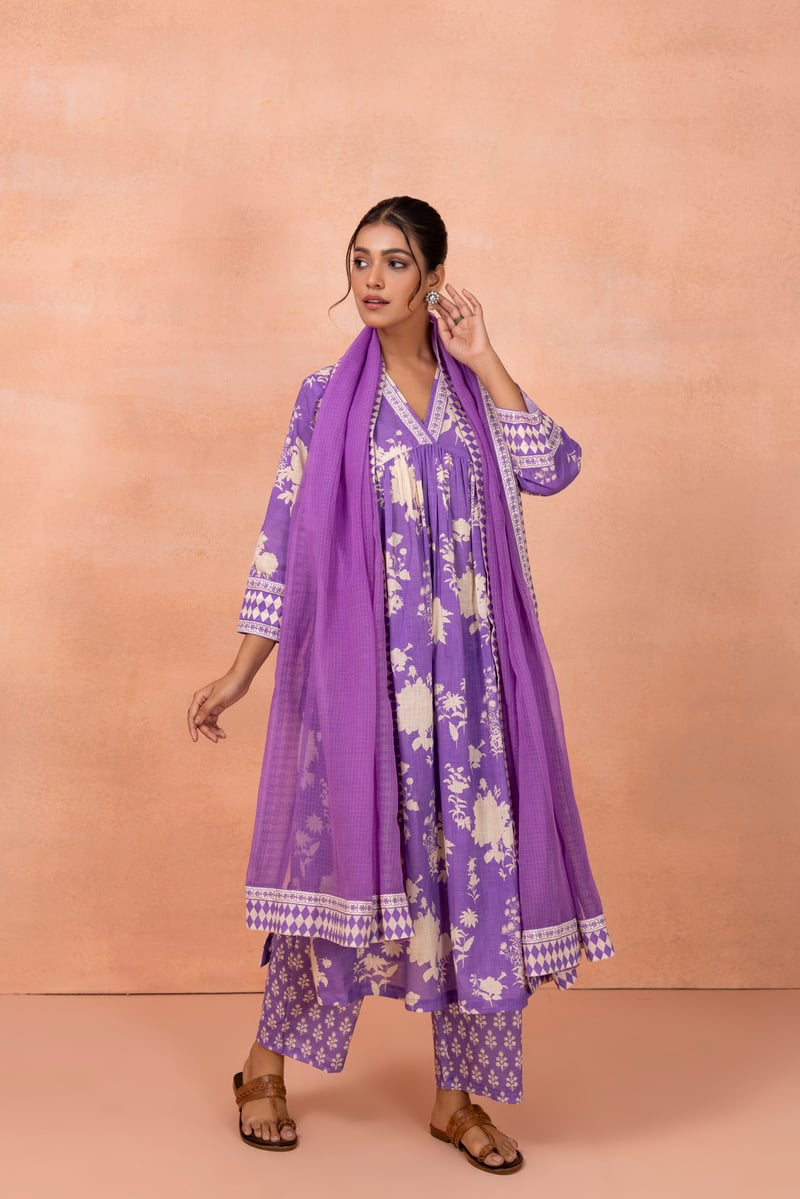 Purple Floral Printed Cotton Kurta Set with Dupatta