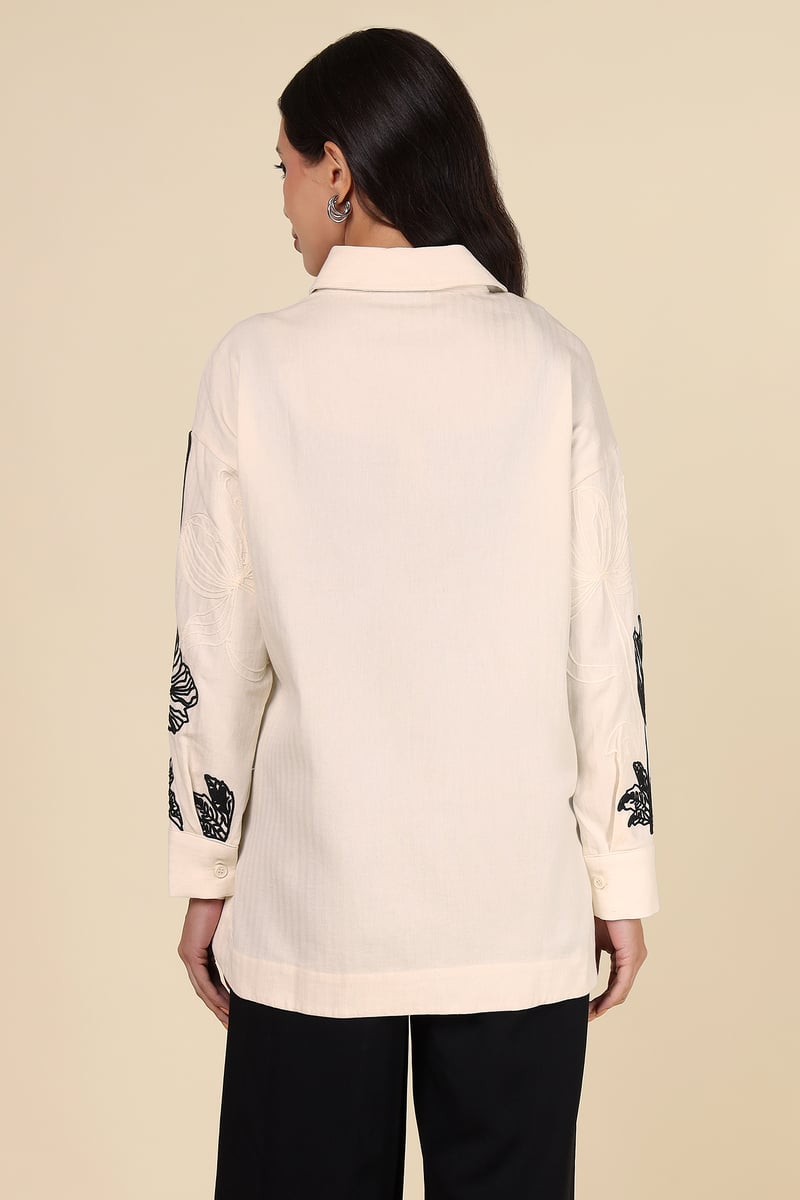 Natural Ivory Monochrome Floral Longline Cotton Shirt