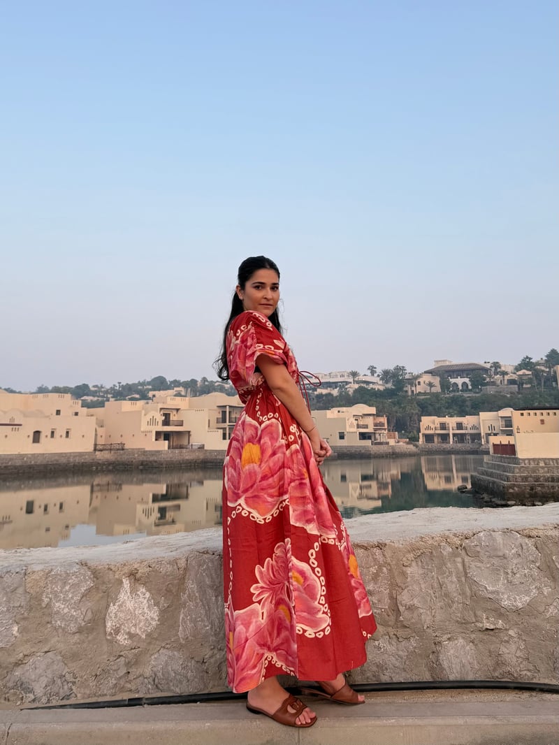 Red Pink Floral Printed Maxi Dress with Puff Sleeves