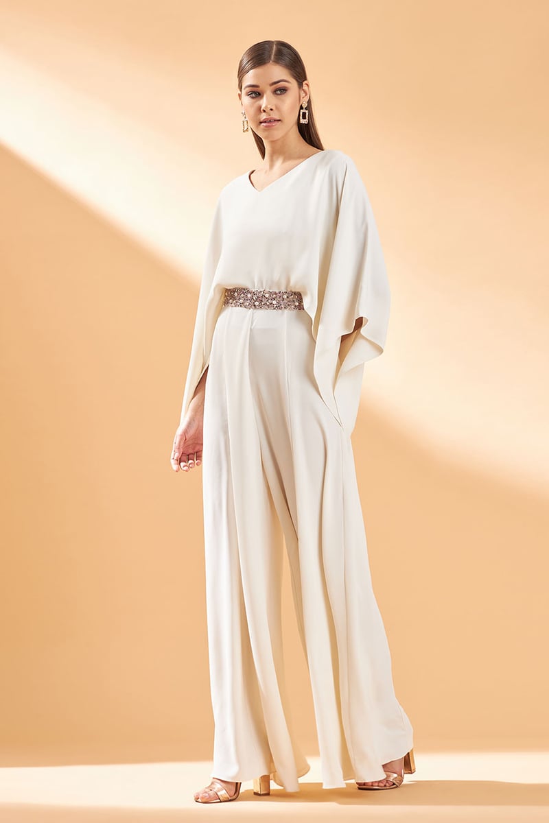 Cream Draped Cape Sleeve Jumpsuit with Embellished Belt