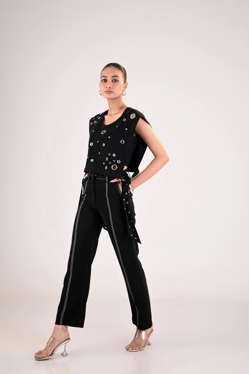 Black Denim Eyelet Bib Top with Side Tie-Ups