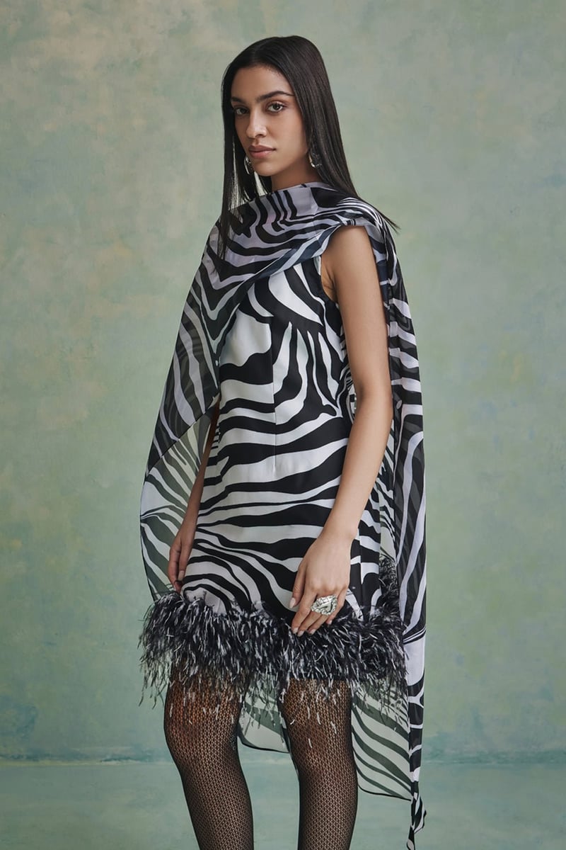 Black and White Zebra Print Mini Dress with Detachable Cape