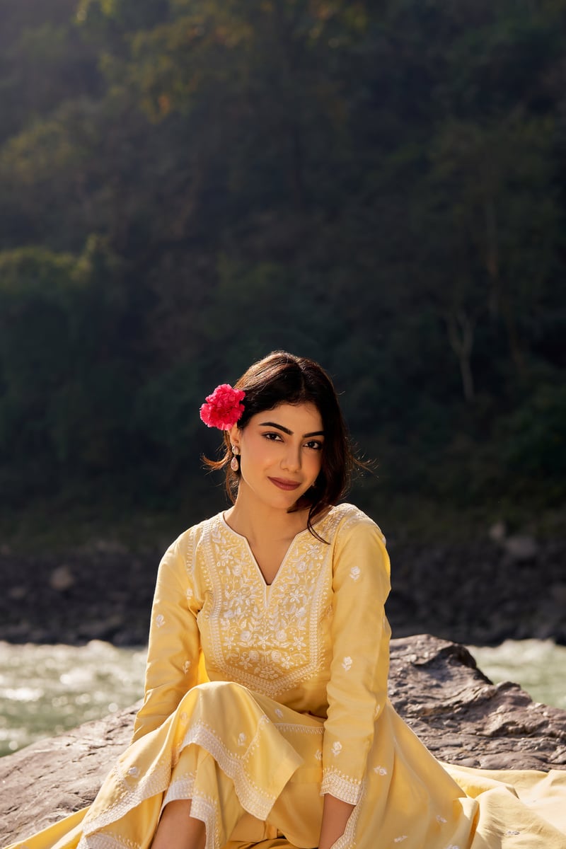 Yellow Cotton Embroidered Straight Kurta Set with Dupatta