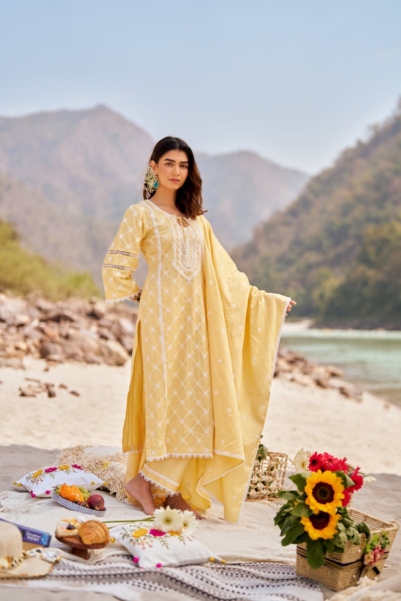 Yellow Cotton Embroidered Kurta Set With Dupatta
