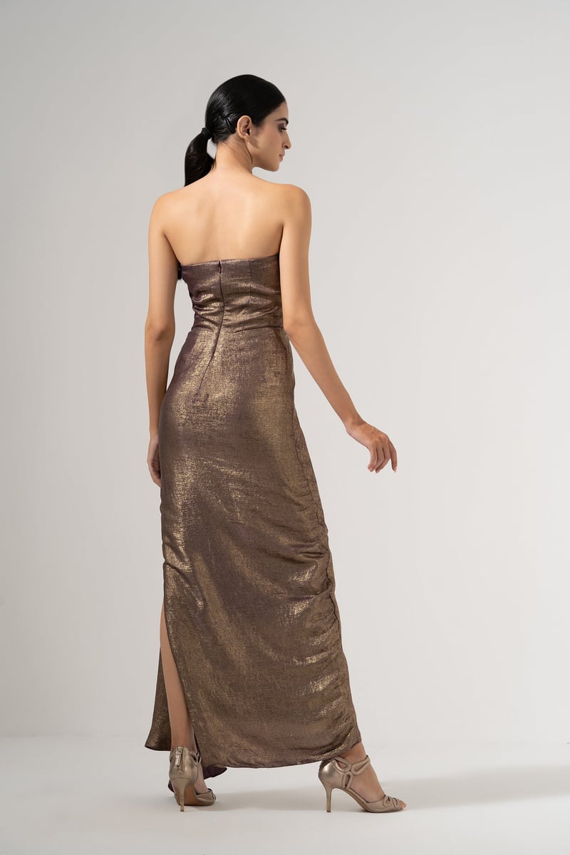 Gold Plum Metallic Sweetheart Strapless Maxi Gown
