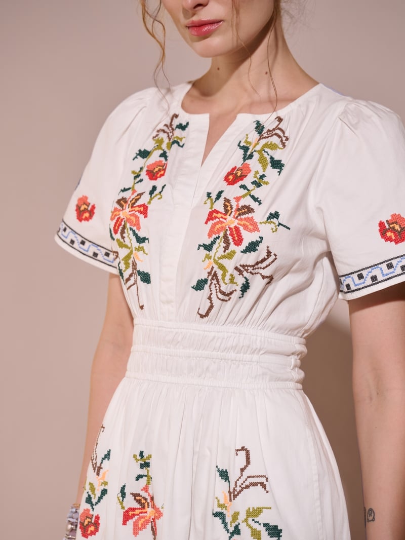 White Cotton Floral Embroidered Tiered Knee-Length Dress