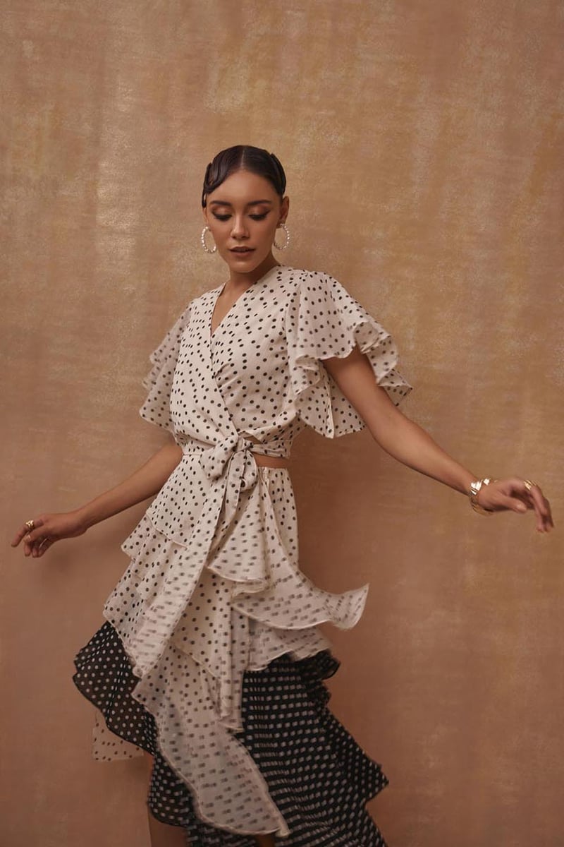 Monochrome Polka Dot Wrap Blouse and Tiered Midi Skirt Set
