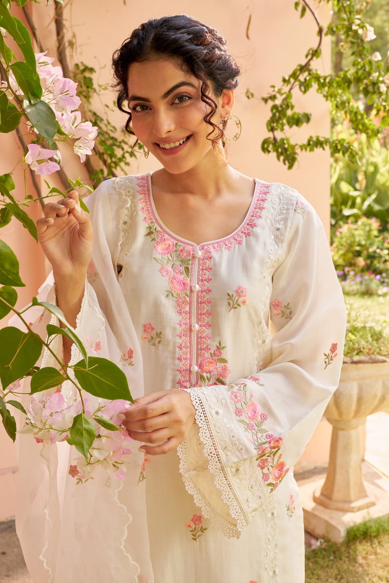 Ivory Pink Embroidered Chanderi Straight Suit Set