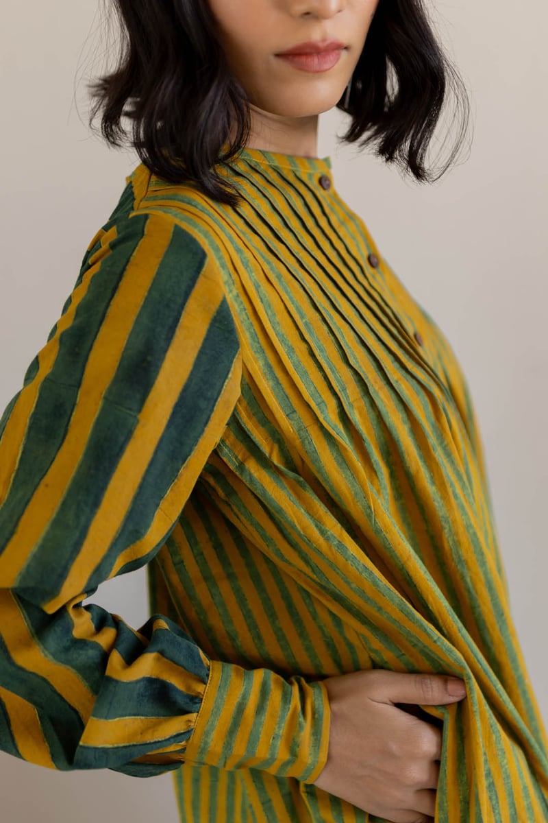 Moss Leaf Striped Cotton Tunic and Pant Co-ord Set