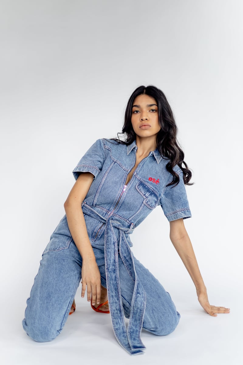 Blue Washed Denim Zip-Front Belted Jumpsuit