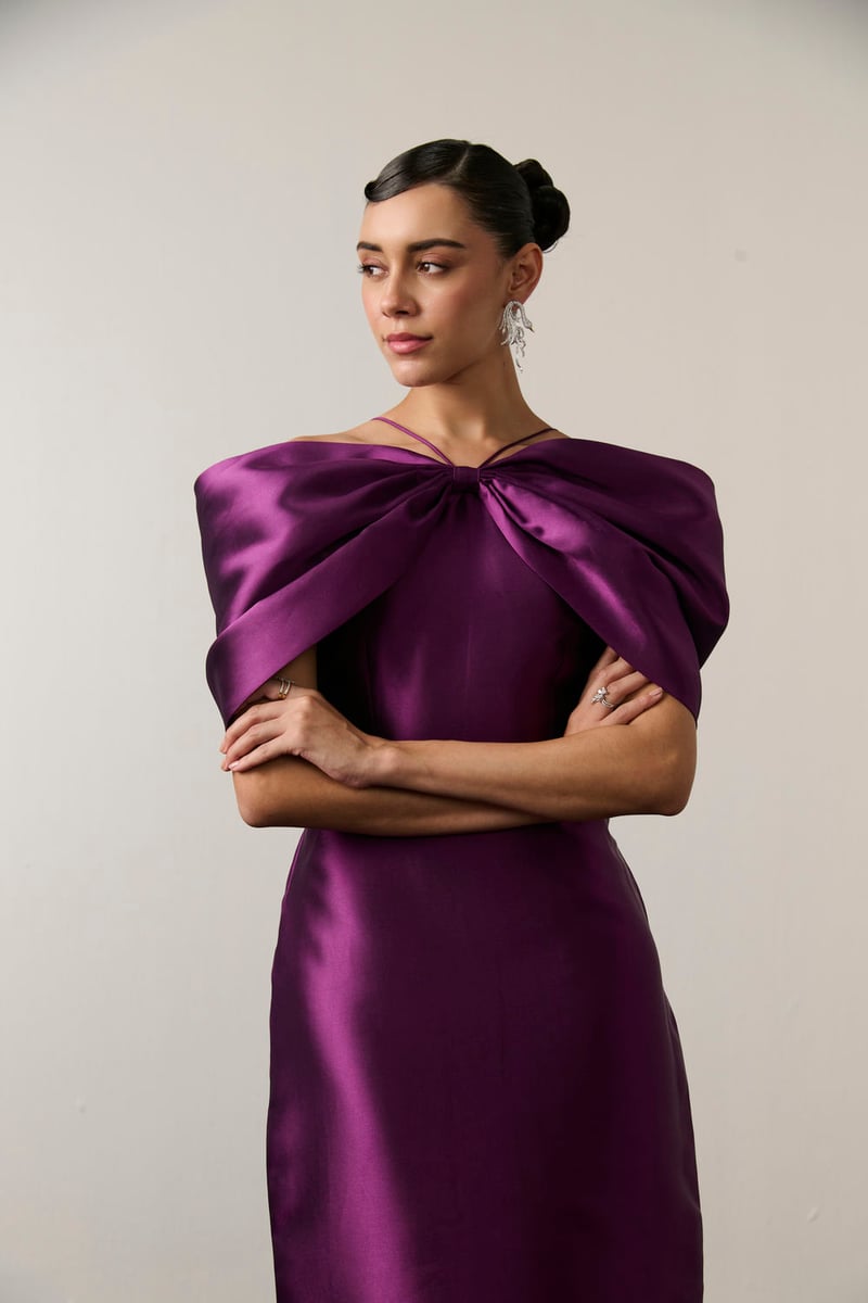 Purple Satin Off-Shoulder Bow Sheath Midi Dress
