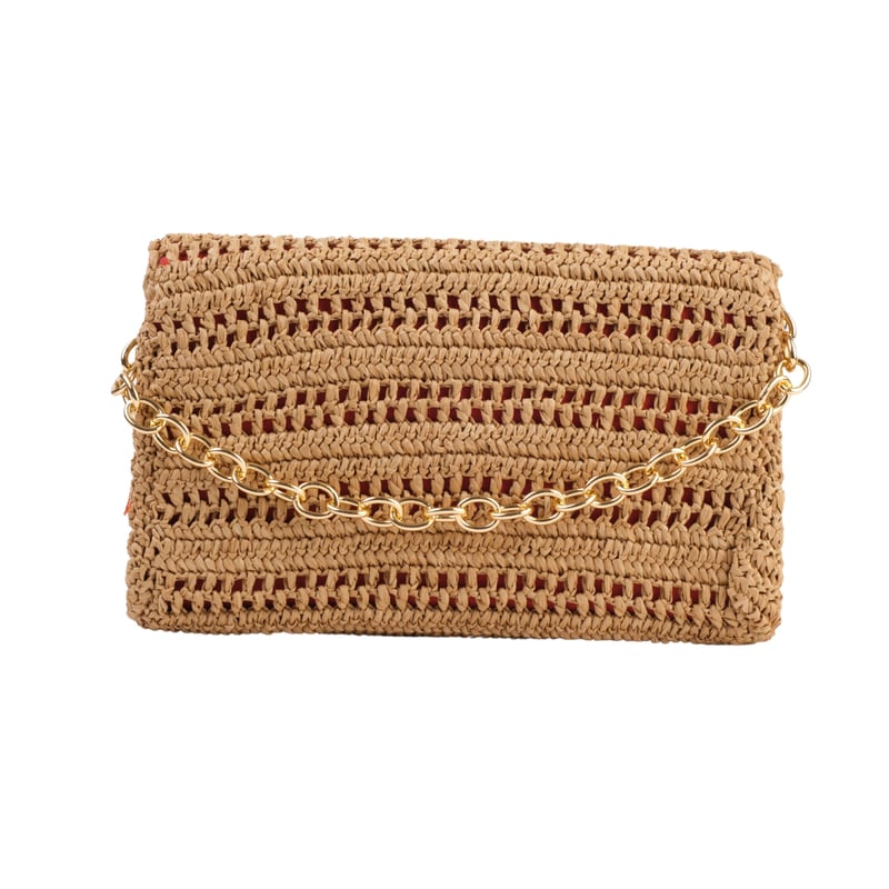 Jena Slim Raffia Clutch With Gold Emblem