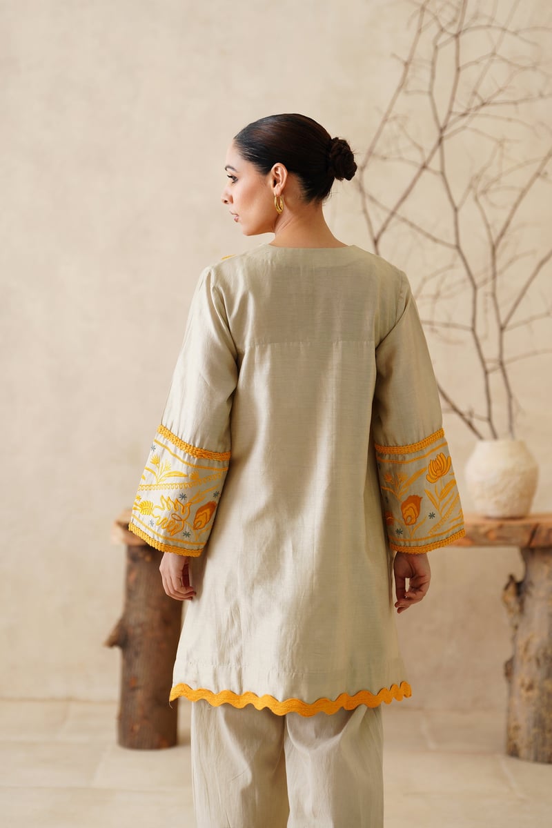 Beige Chanderi Embroidered Kurta Co-ord Set
