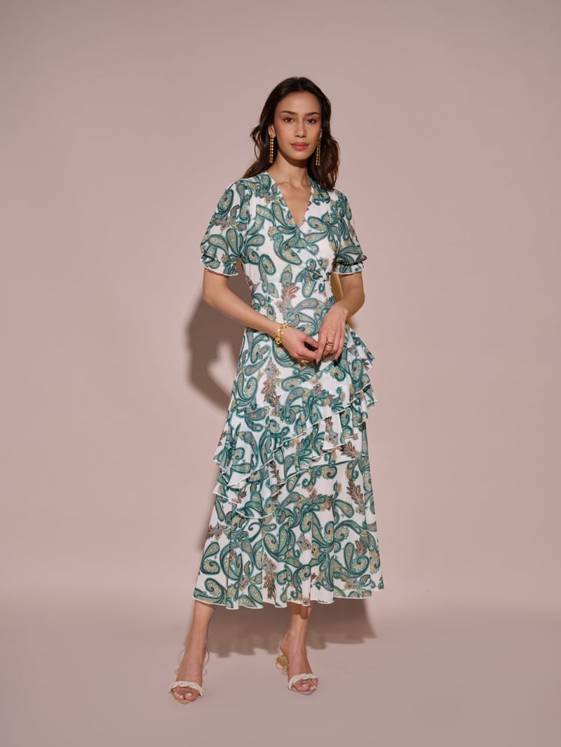 Green Paisley Print Wrap Midi Dress with Ruffle Tiers