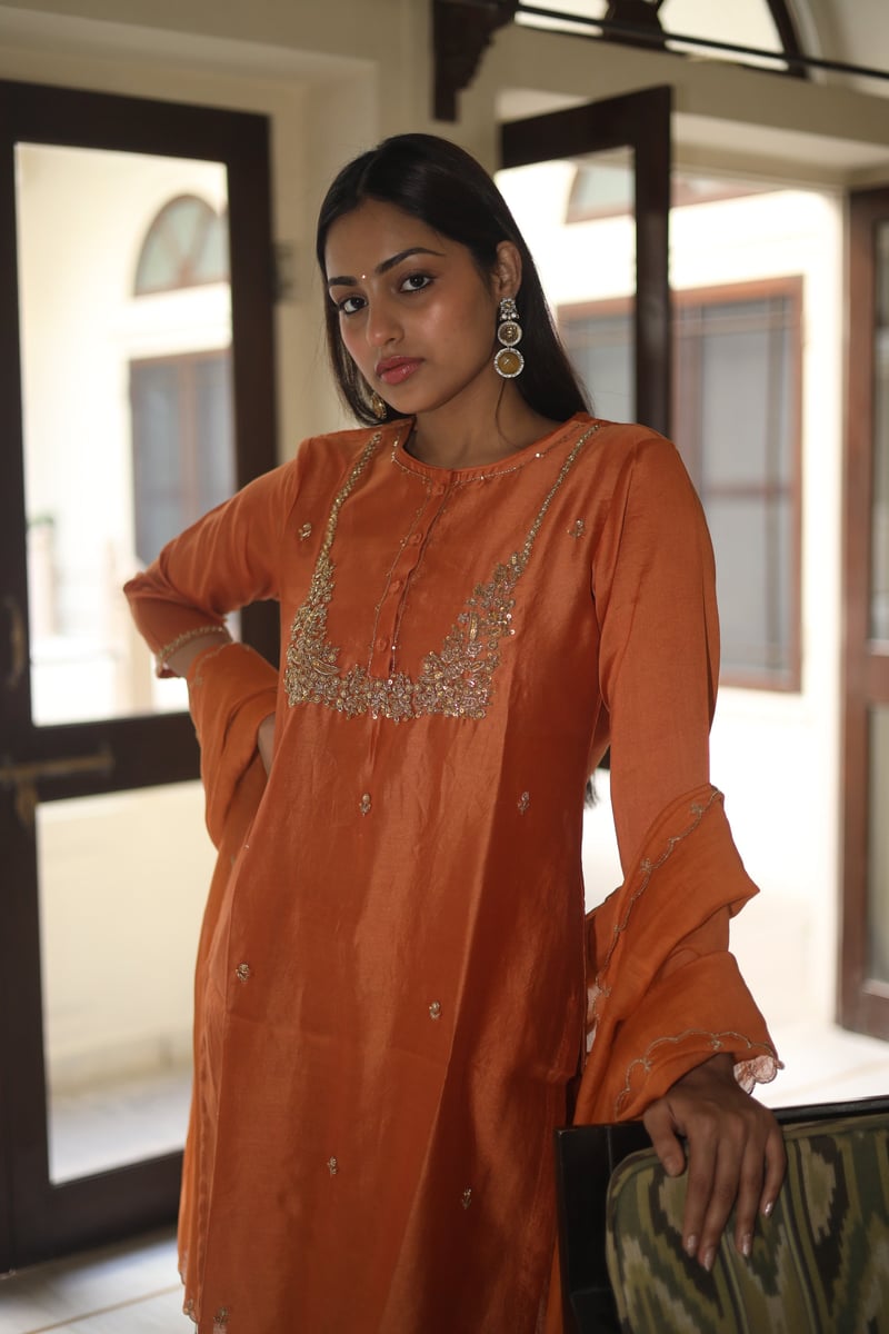 Rust Orange Zardozi Work Silk Chanderi Suit Set