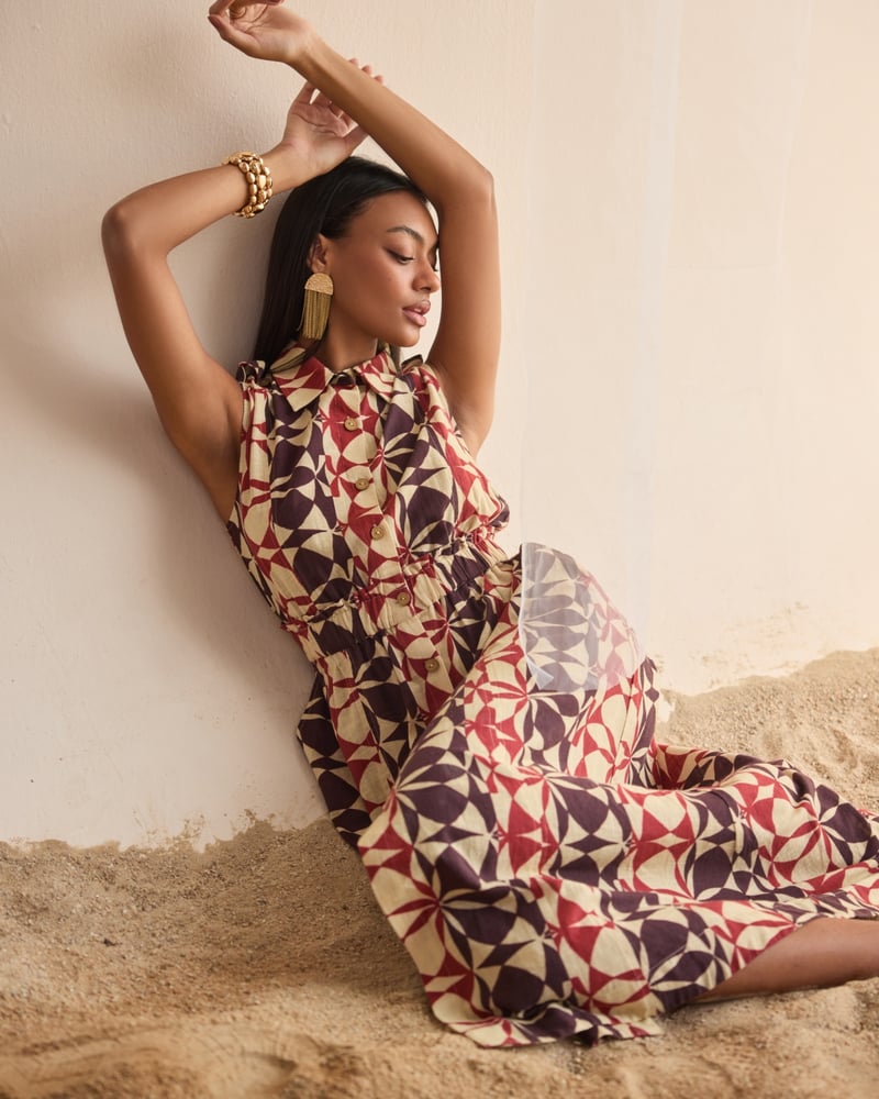 Beige Geometric Printed Sleeveless Shirt Midi Dress