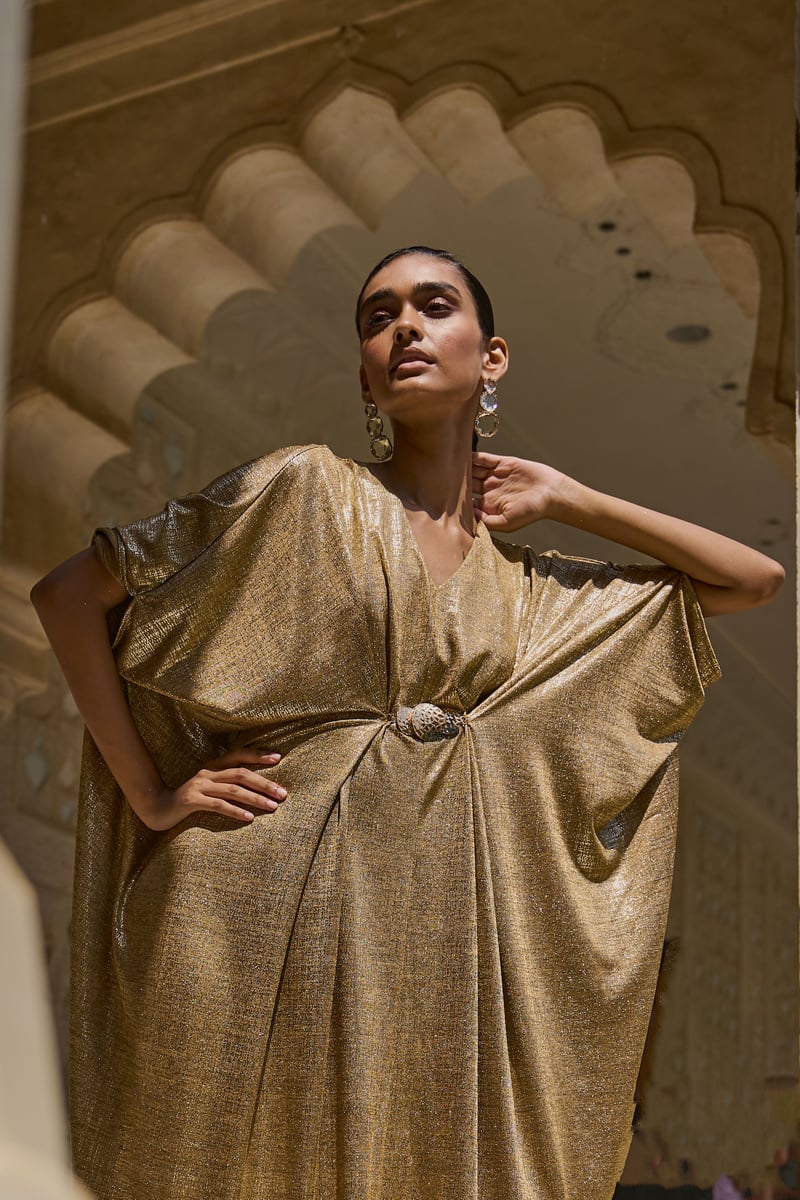 Gold Metallic Draped Maxi Kaftan with V-Neck