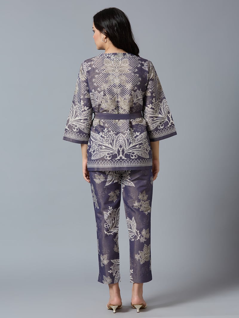 Navy Metallic Floral Printed Straight-Leg Trousers
