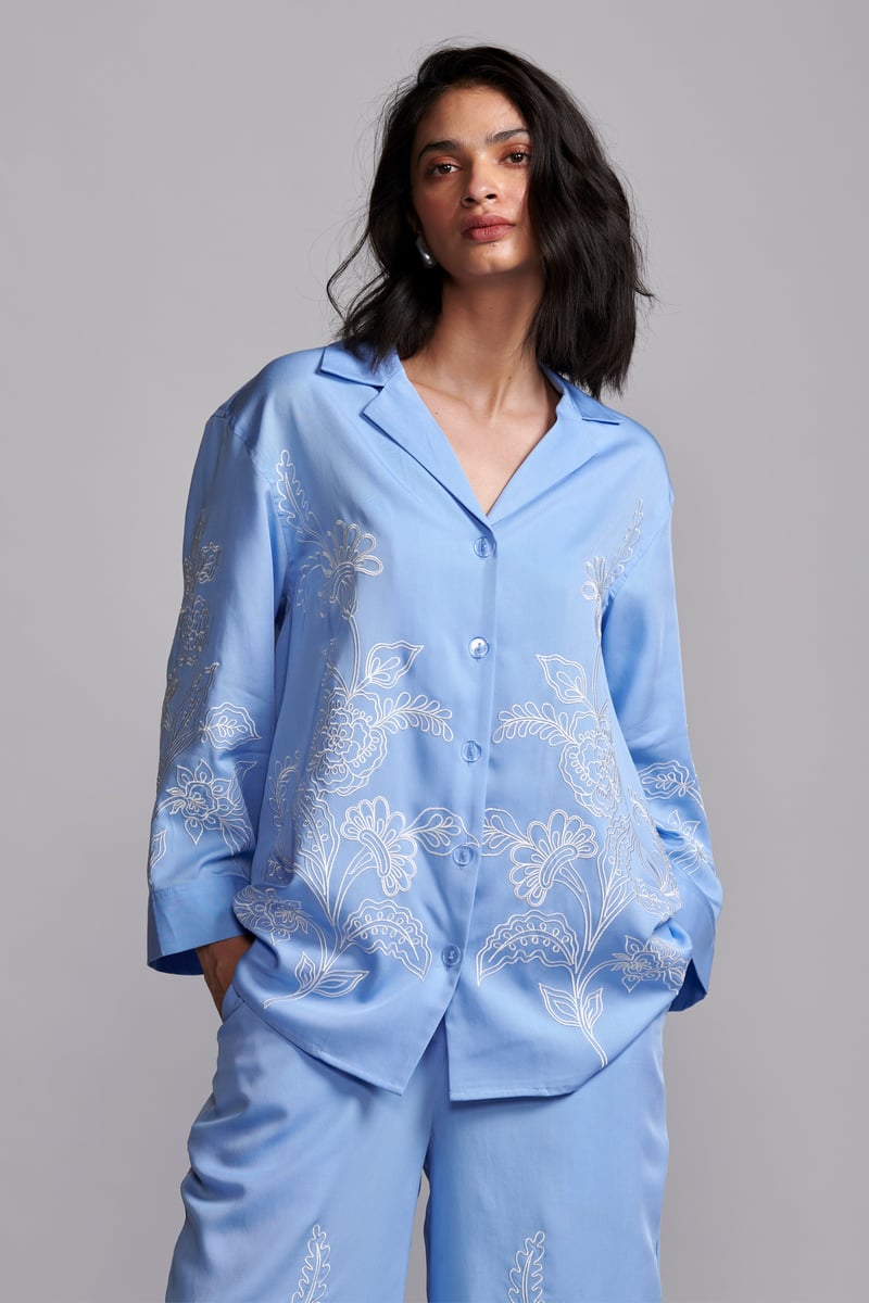 Pastel Blue Tencel Placement Embroidered Relaxed Fit Shirt
