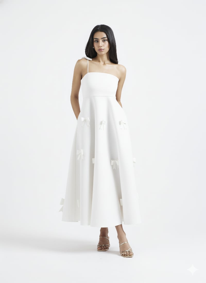 Off-White Fit and Flare Midi Dress with Bow Appliques — OZEQO