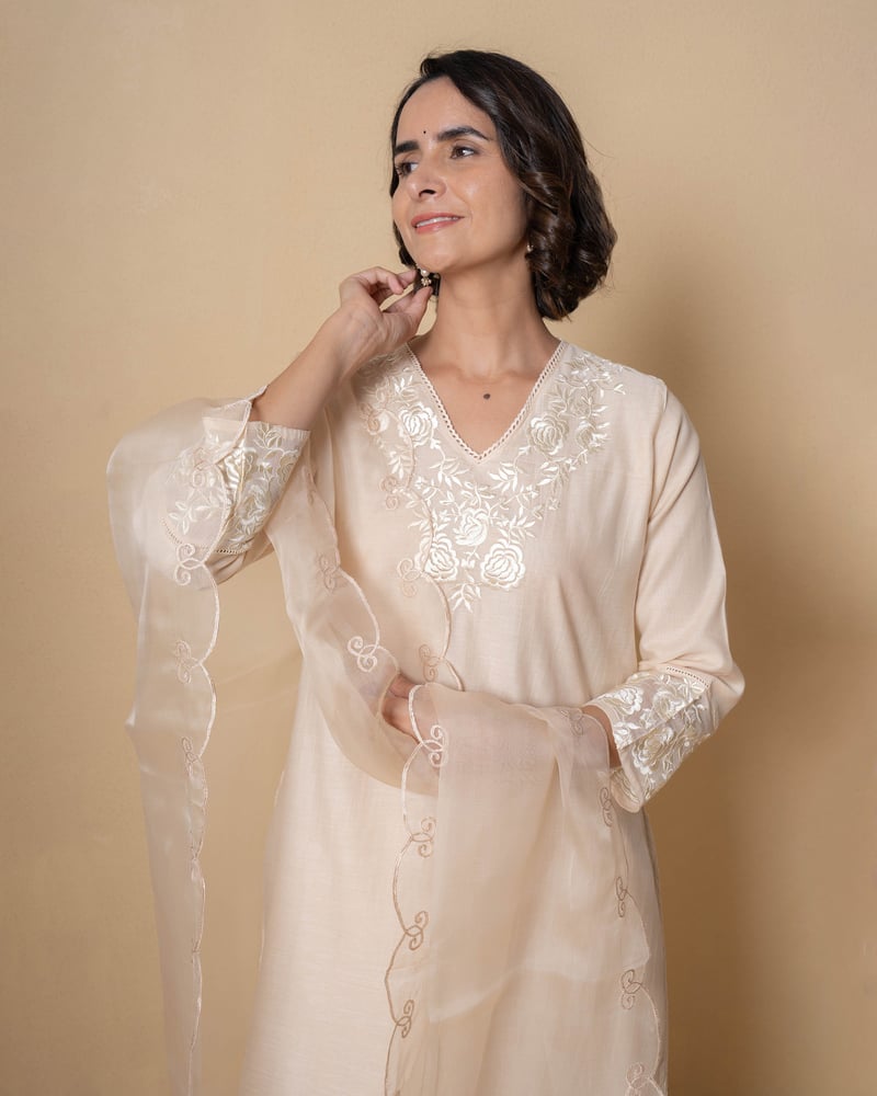 Ivory Sand Embroidered Chanderi Suit Set