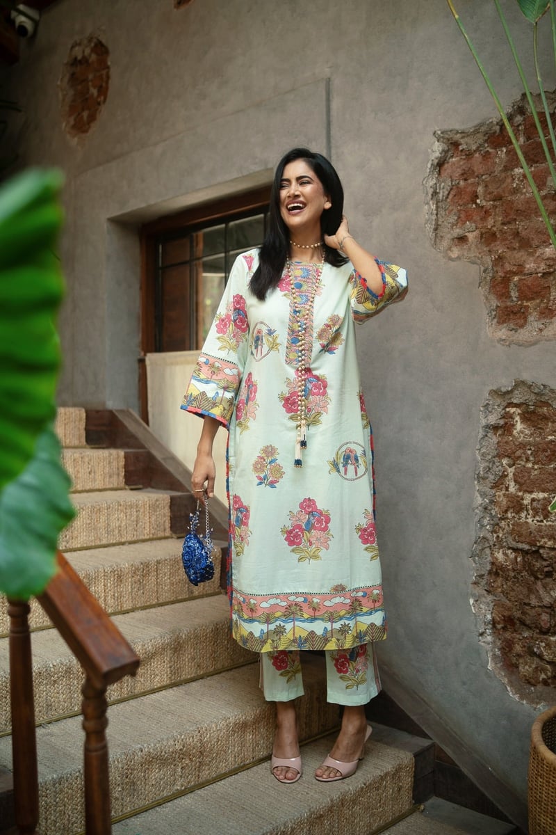 Cool Mint Tropical Print Straight Kurta Set with Pants