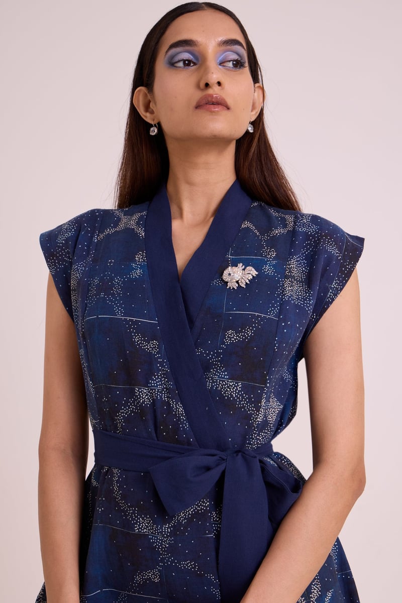 Indigo Printed Linen Wrap Midi Dress with Tie Belt