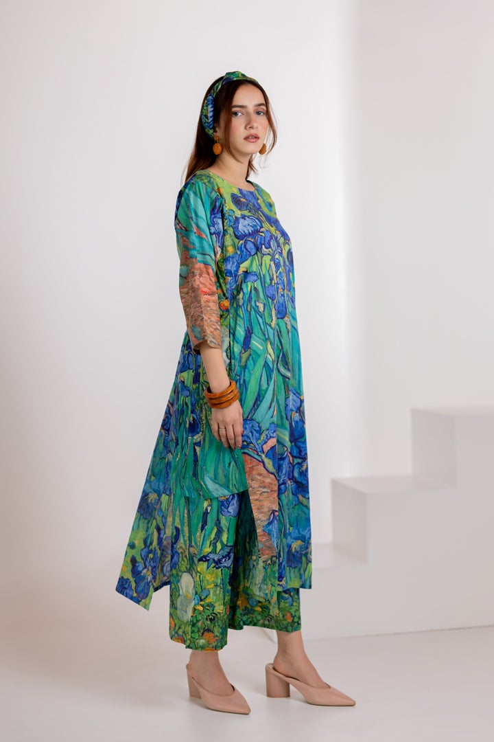 Aqua Blue Floral Printed A-Line Kurta and Pants Set