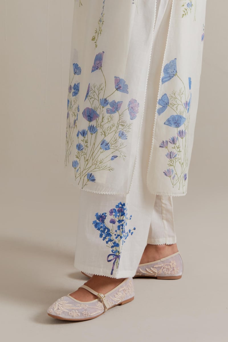 Off-White Floral Block Print Kurta Set with Dupatta