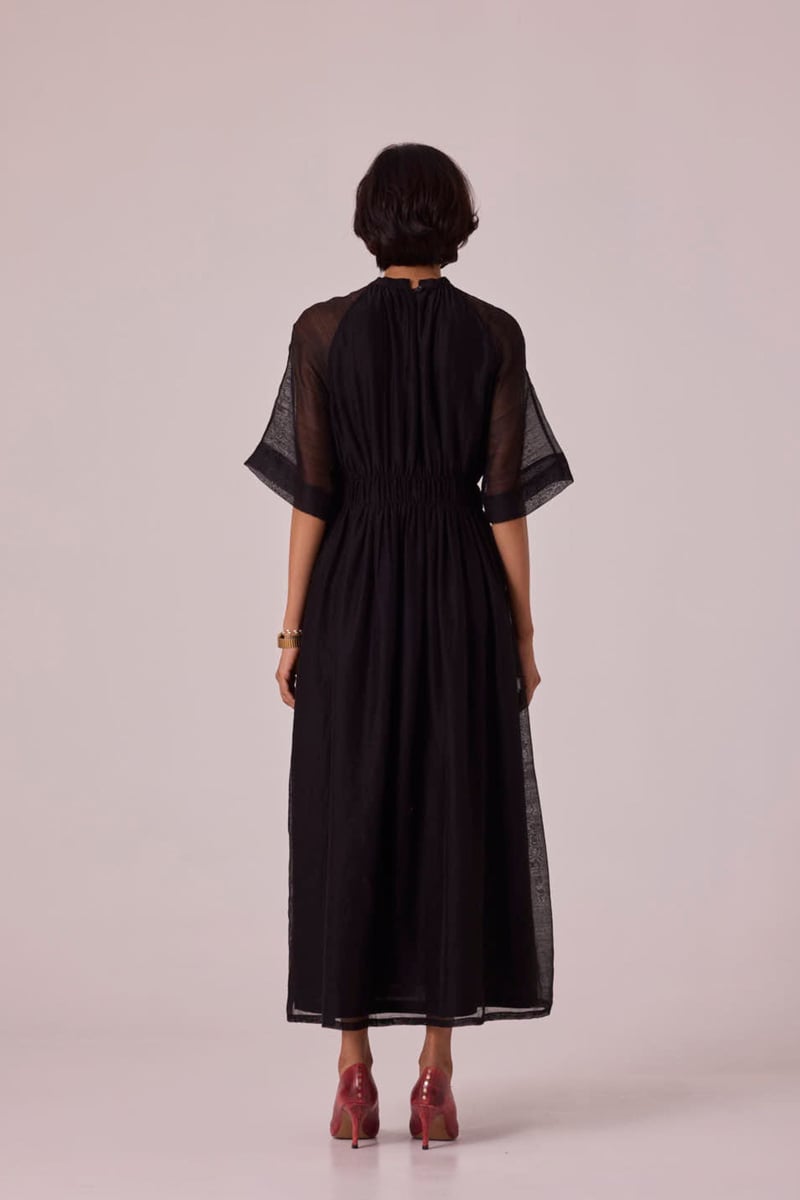 Black Handwoven Chanderi Maxi Dress with Ruched Waist