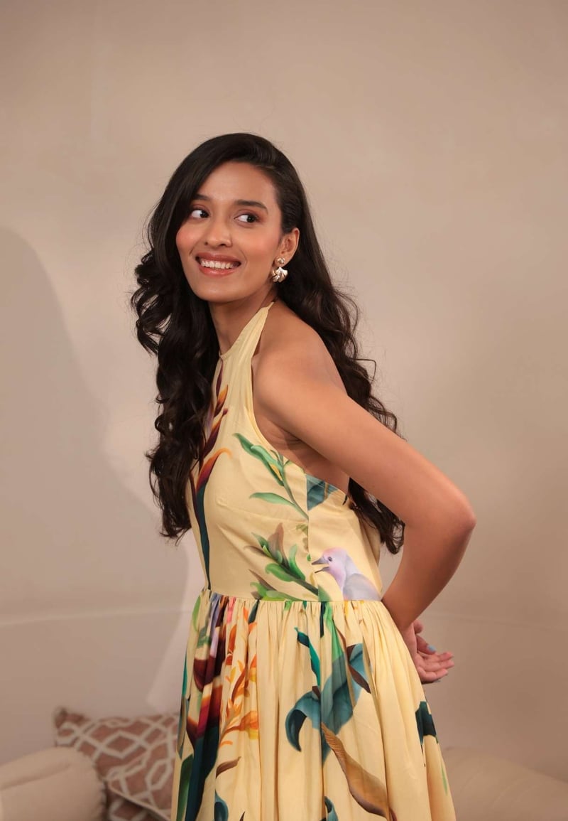 Yellow Floral Halter Tie-Back Midi Dress