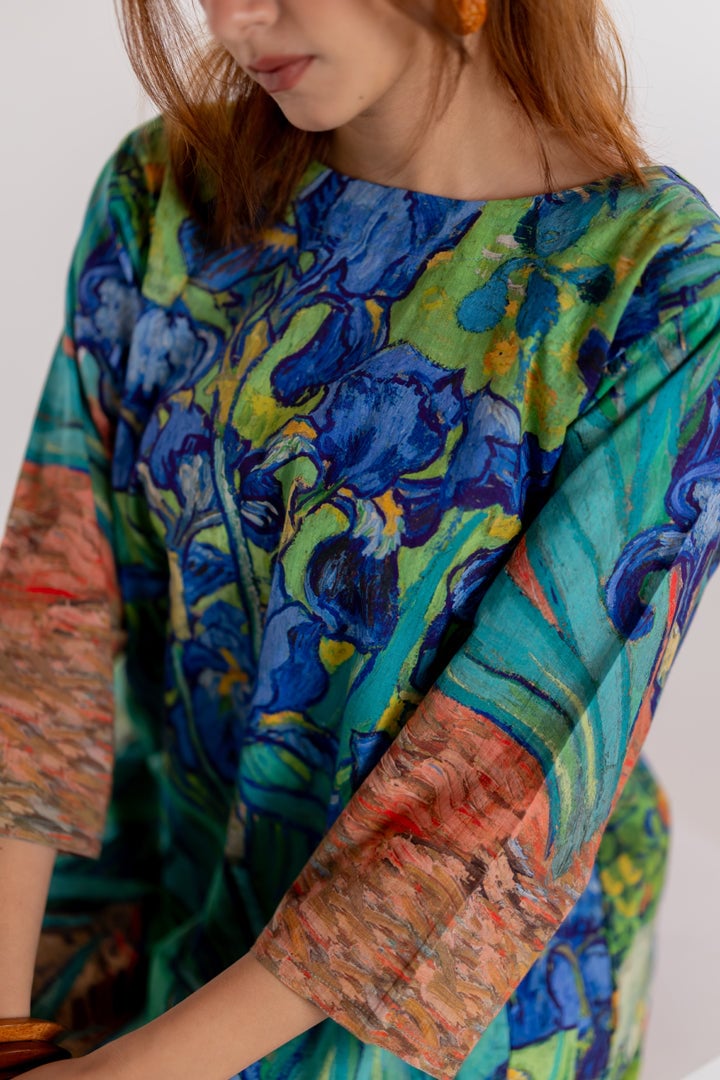 Aqua Blue Floral Printed A-Line Kurta and Pants Set