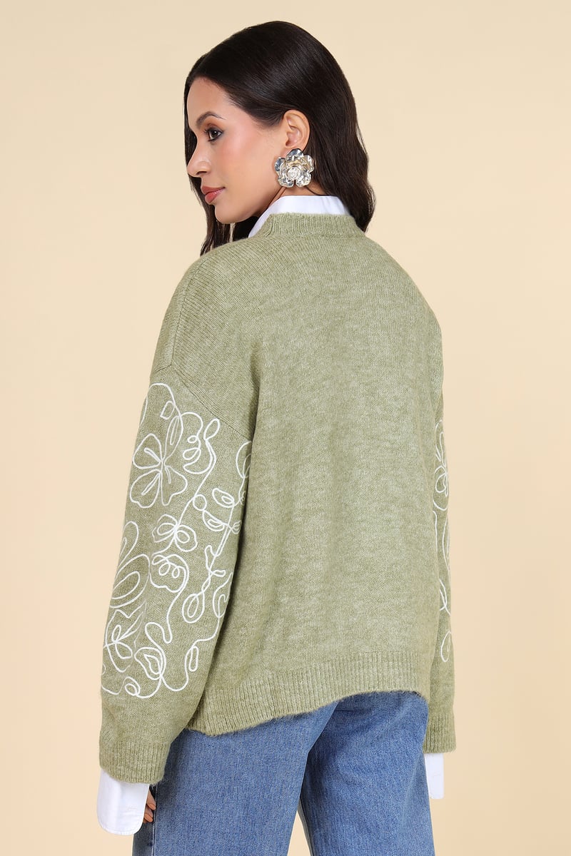 Green Abstract Line-Art Floral Crew Neck Sweater