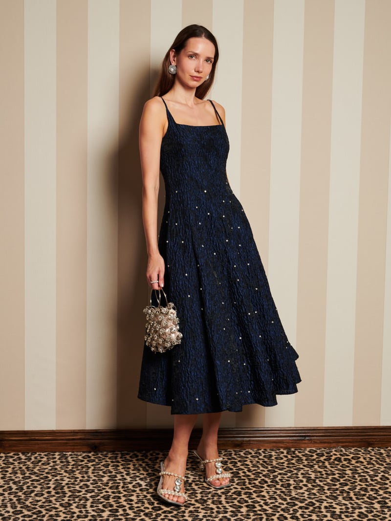 Navy Floral Jacquard Fit and Flare Midi Dress