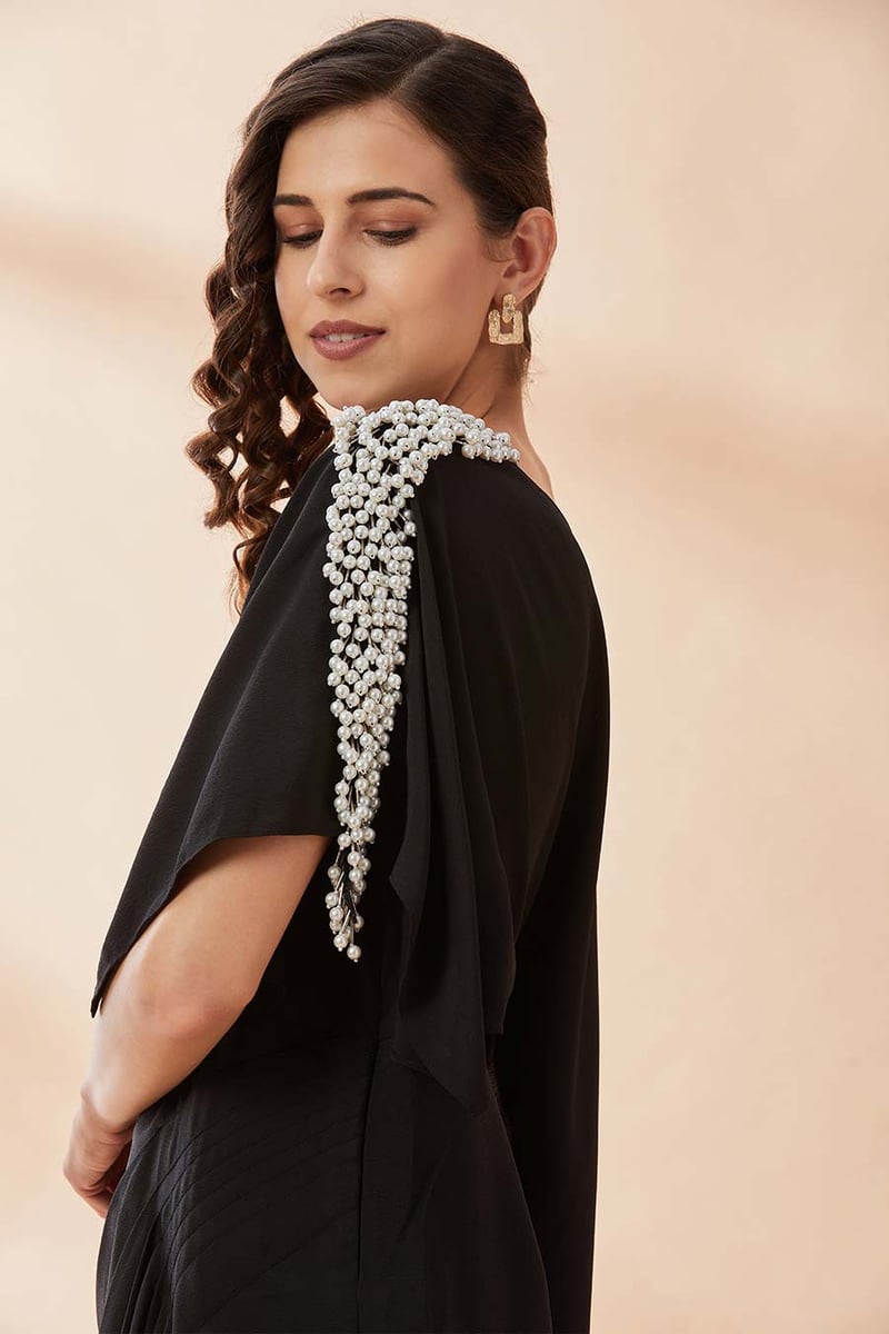 Black One-Shoulder Drape Maxi Dress with Pearl Detail