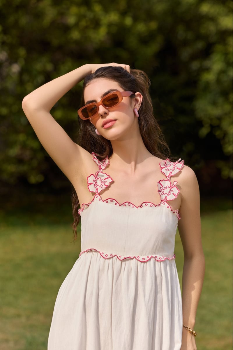 White Embroidered Strap Tiered Midi Dress