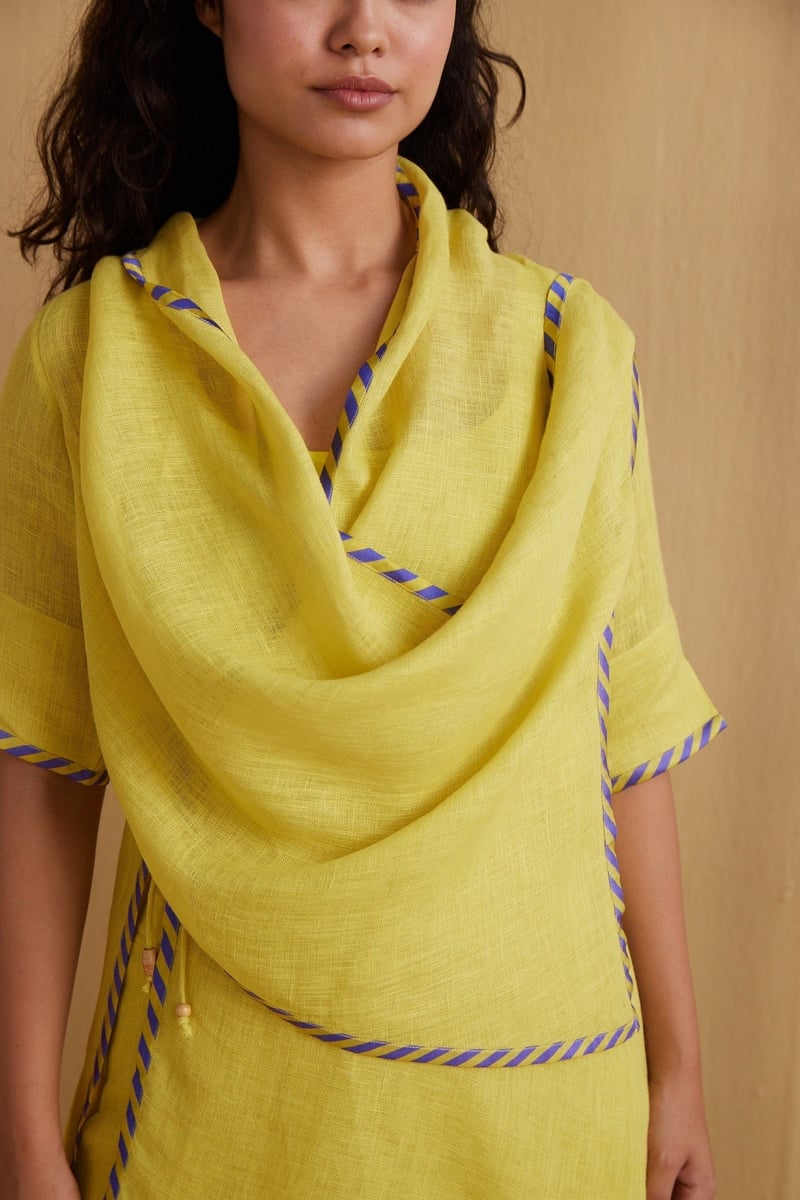 Yellow Gauze Linen Cape with Contrast Border