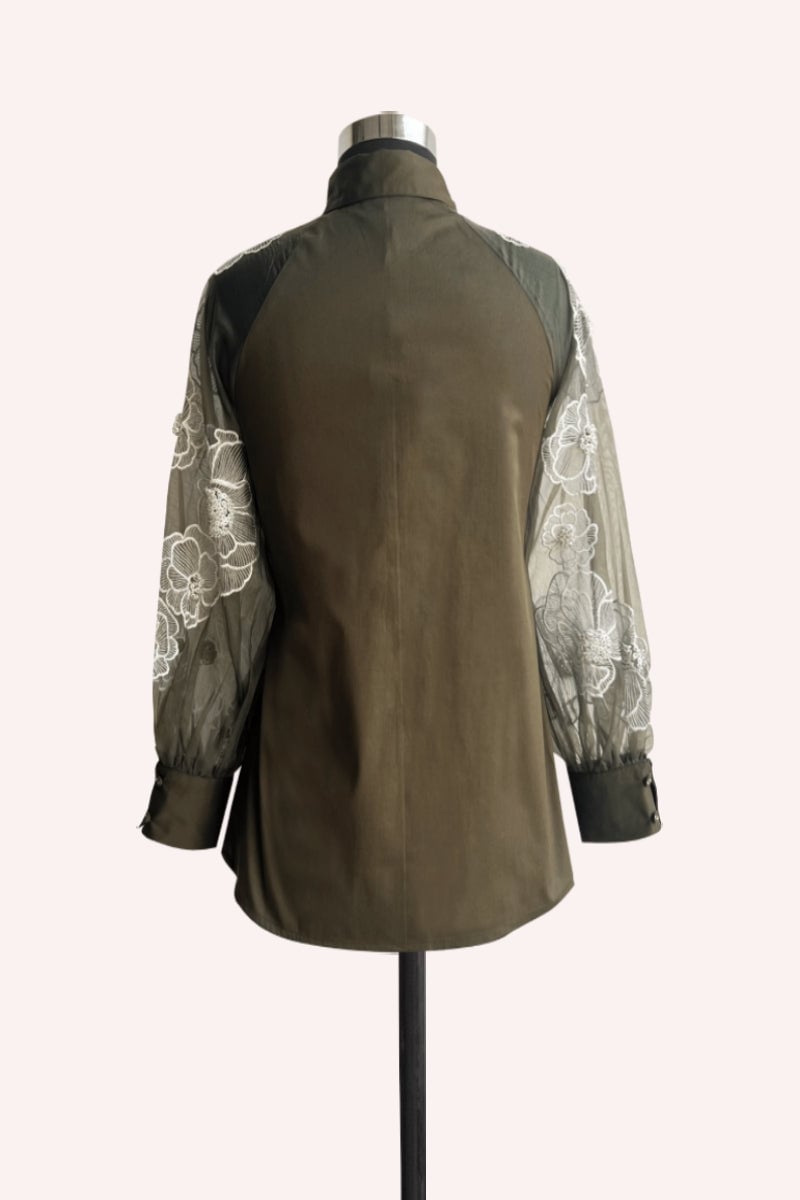 Army Green Embroidered Organza Sleeve Shirt