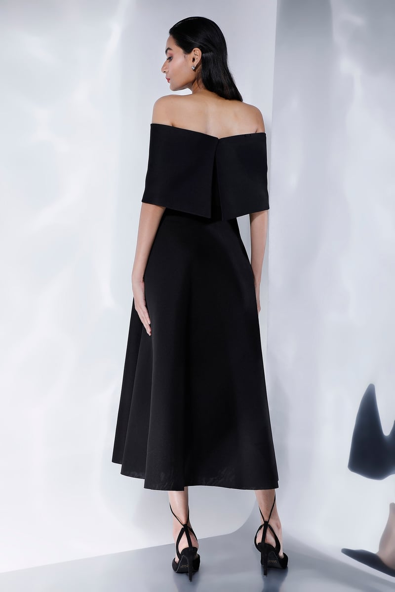 Black Strapless Fit and Flare Midi Dress with Studded Wrap