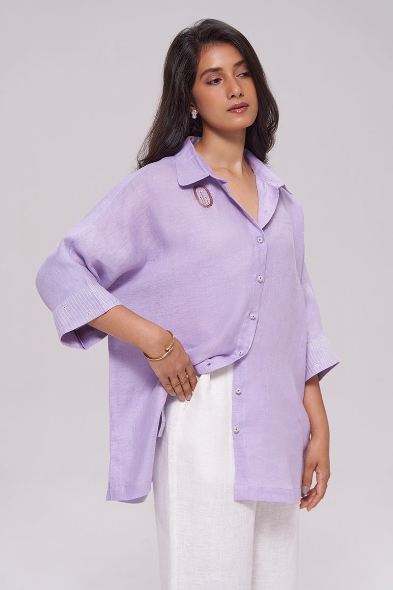 Pastel Lilac Pure Linen Relaxed-Fit Shirt with Appliqué Back