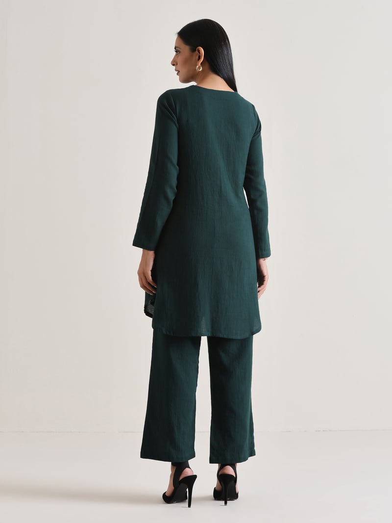 Dark Green Cotton Dobby Co-ord Set with Front Placket