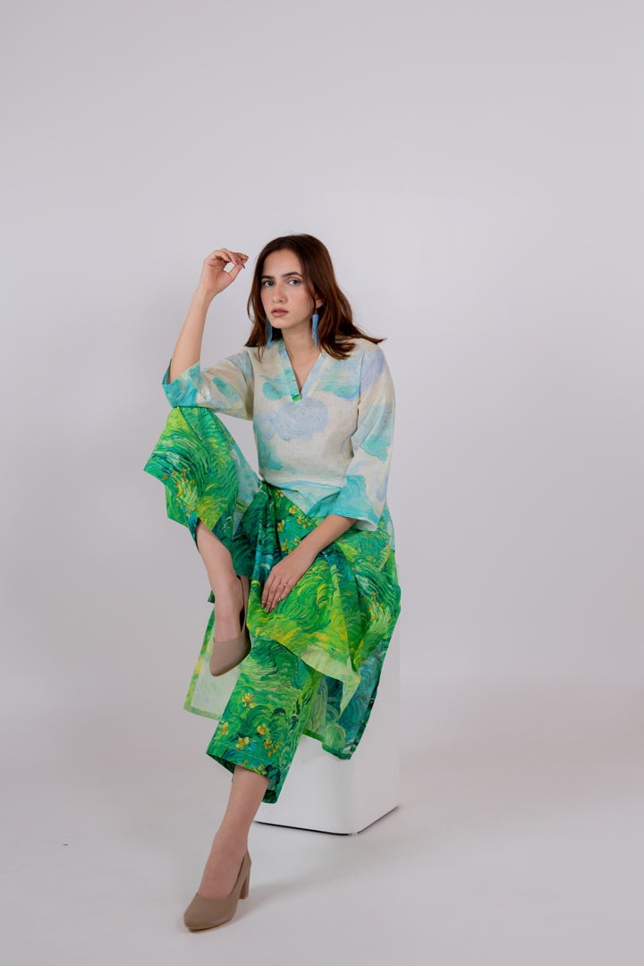 Multicolor Landscape Print Cambric Cotton Kurta Set