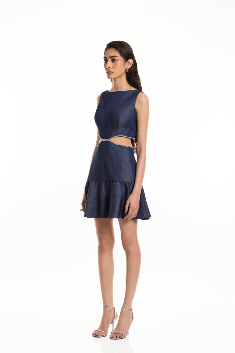 Denim Blue Cutout Waist Fit and Flare Mini Dress