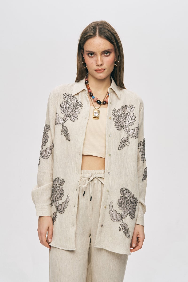Cream Embellished Shirt and Wide-Leg Pants Co-ord Set — THE LUXURY DRESSING